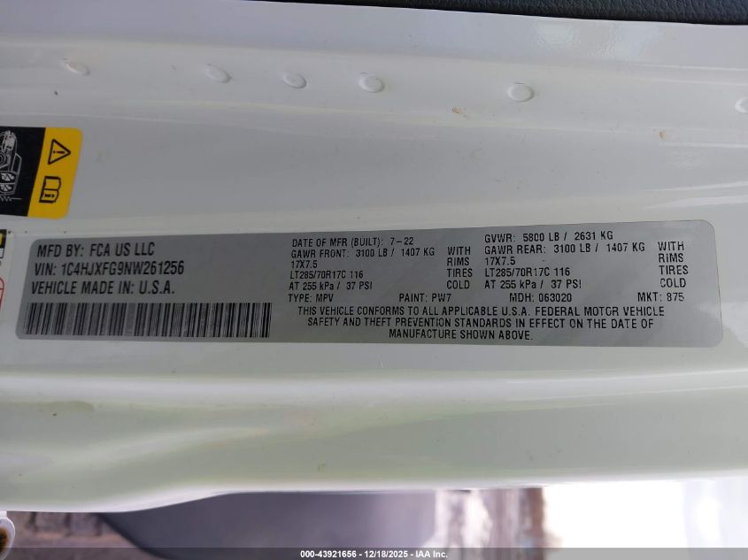 2022 Jeep Wrangler Unlimited Rubicon 4X4 VIN: 1C4HJXFG9NW261256 Lot: 43921656