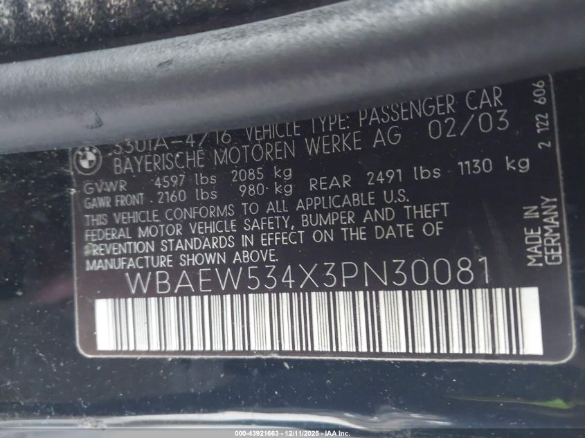 2003 BMW 330Xi VIN: WBAEW534X3PN30081 Lot: 43921663