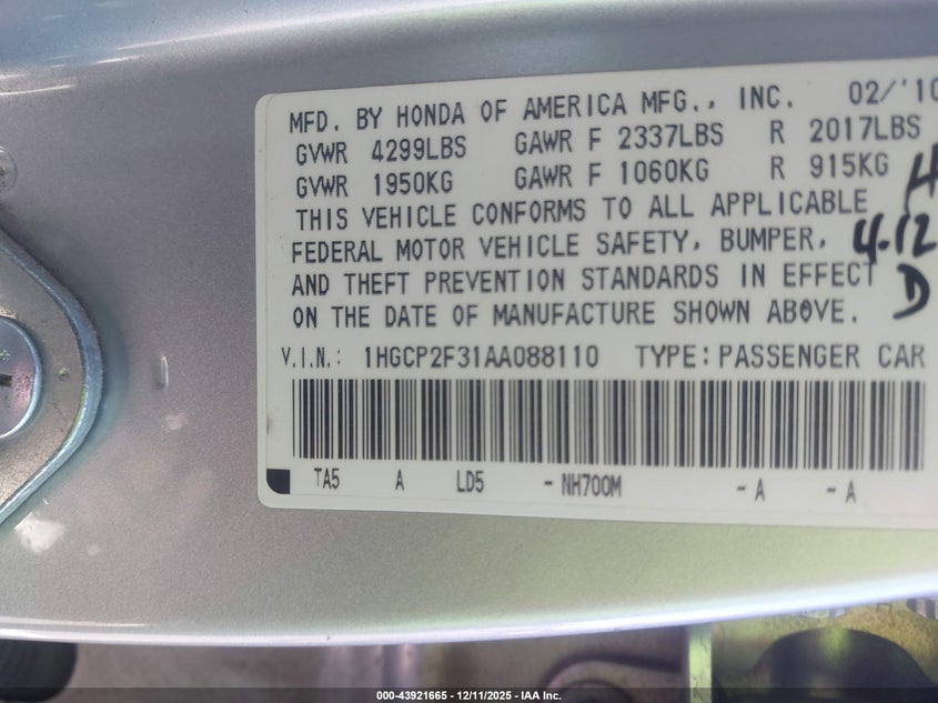1HGCP2F31AA088110 2010 HONDA ACCORD photo no. 9