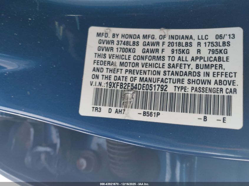 2013 Honda Civic Lx VIN: 19XFB2F54DE051792 Lot: 43921670
