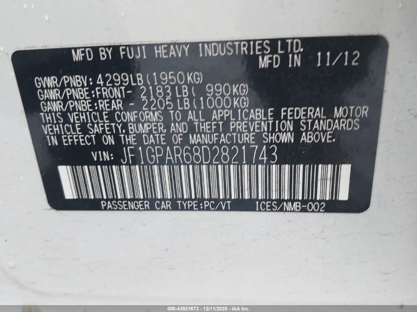 2013 Subaru Impreza 2.0I Sport Limited VIN: JF1GPAR68D2821743 Lot: 43921673