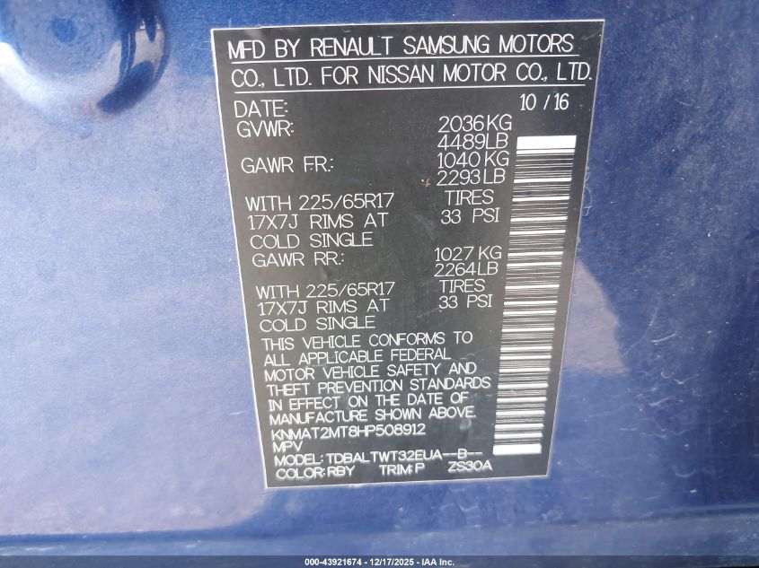 2017 Nissan Rogue Sv VIN: KNMAT2MT8HP508912 Lot: 43921674