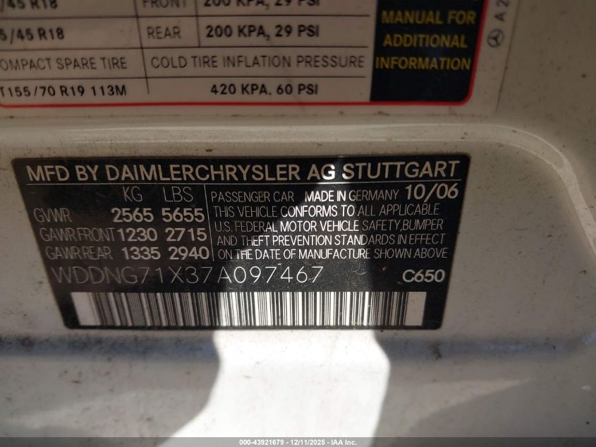 2007 Mercedes-Benz S 550 VIN: WDDNG71X37A097467 Lot: 43921679