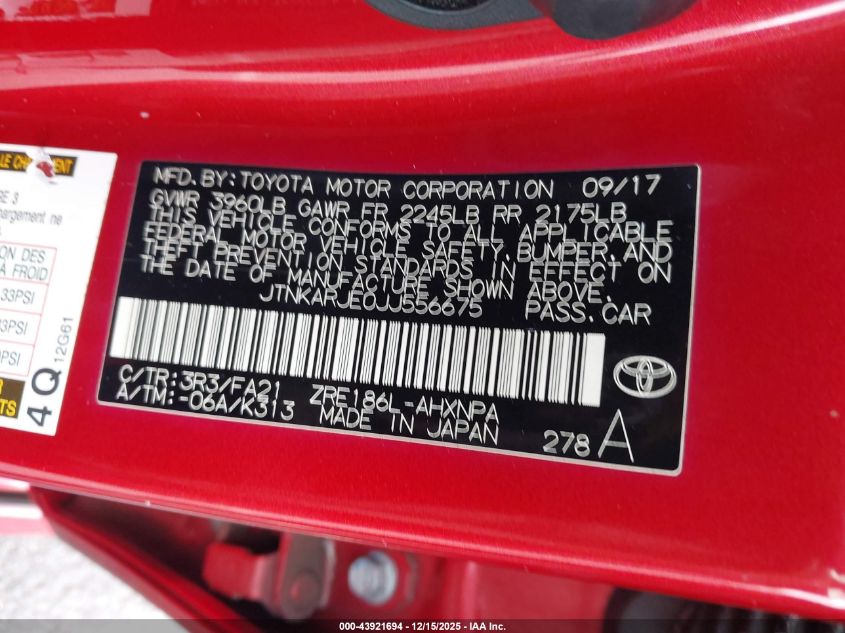 2018 Toyota Corolla Im VIN: JTNKARJE0JJ556675 Lot: 43921694