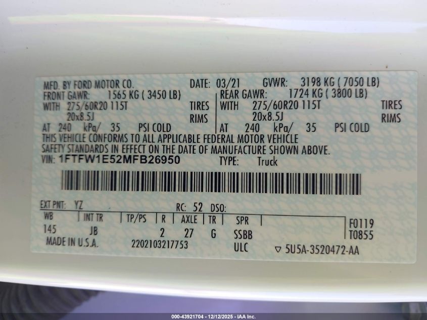 2021 Ford F-150 Xl VIN: 1FTFW1E52MFB26950 Lot: 43921704