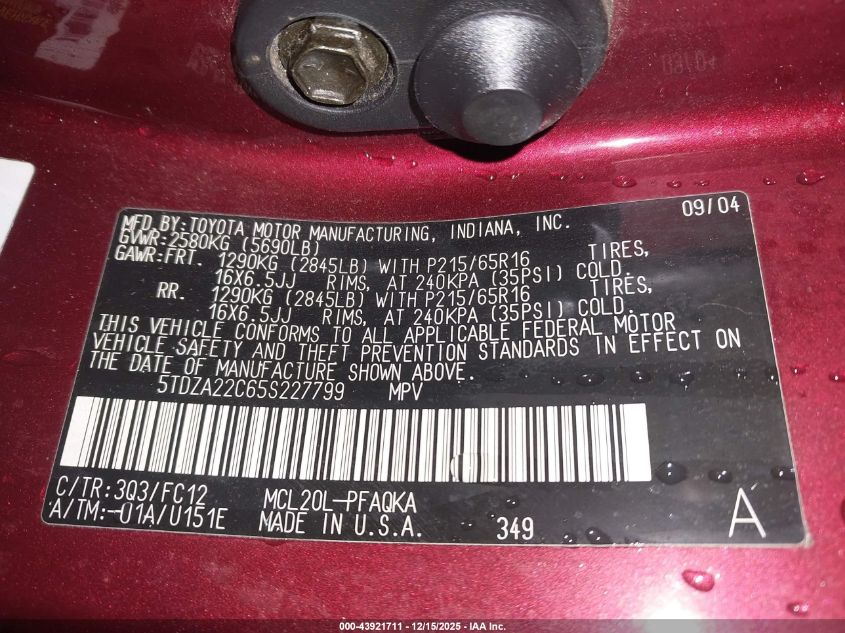 2005 Toyota Sienna Xle/Xle Limited VIN: 5TDZA22C65S227799 Lot: 43921711