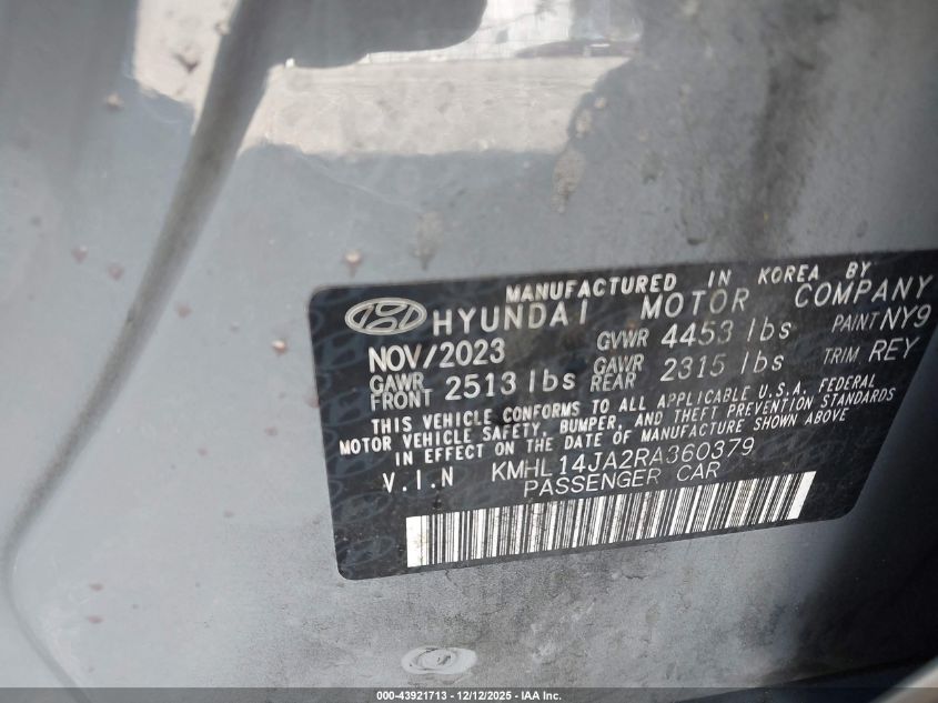 2024 Hyundai Sonata Sel VIN: KMHL14JA2RA360379 Lot: 43921713