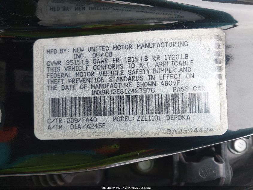 2001 Toyota Corolla Le VIN: 1NXBR12E61Z427976 Lot: 43921717