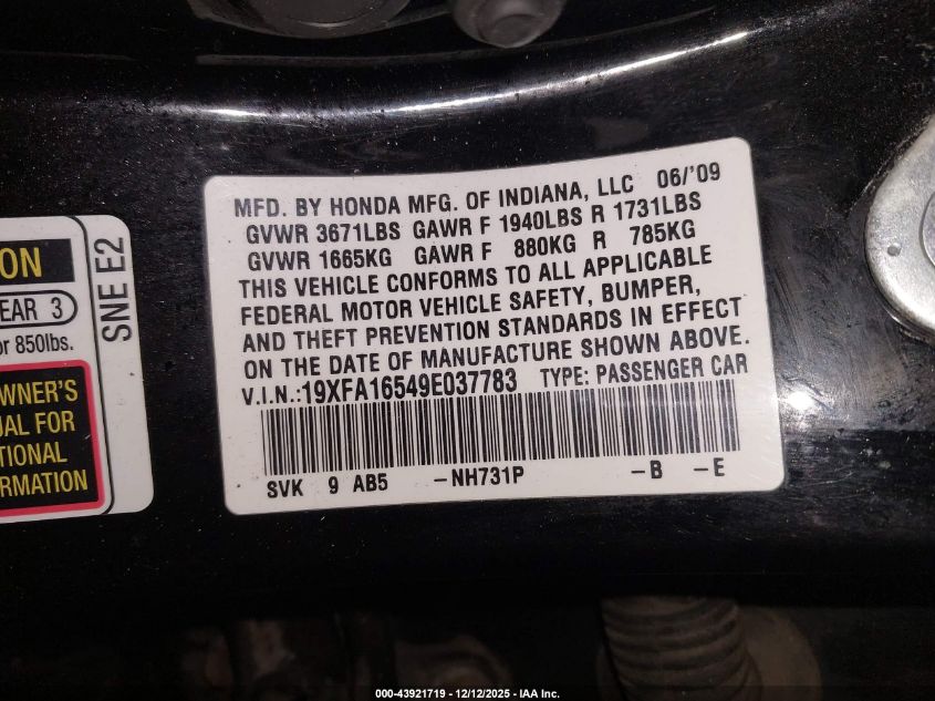 2009 Honda Civic Lx VIN: 19XFA16549E037783 Lot: 43921719