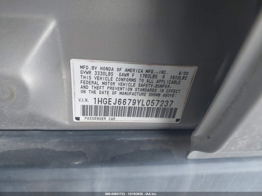 1HGEJ6679YL057237 2000 HONDA CIVIC photo no. 9