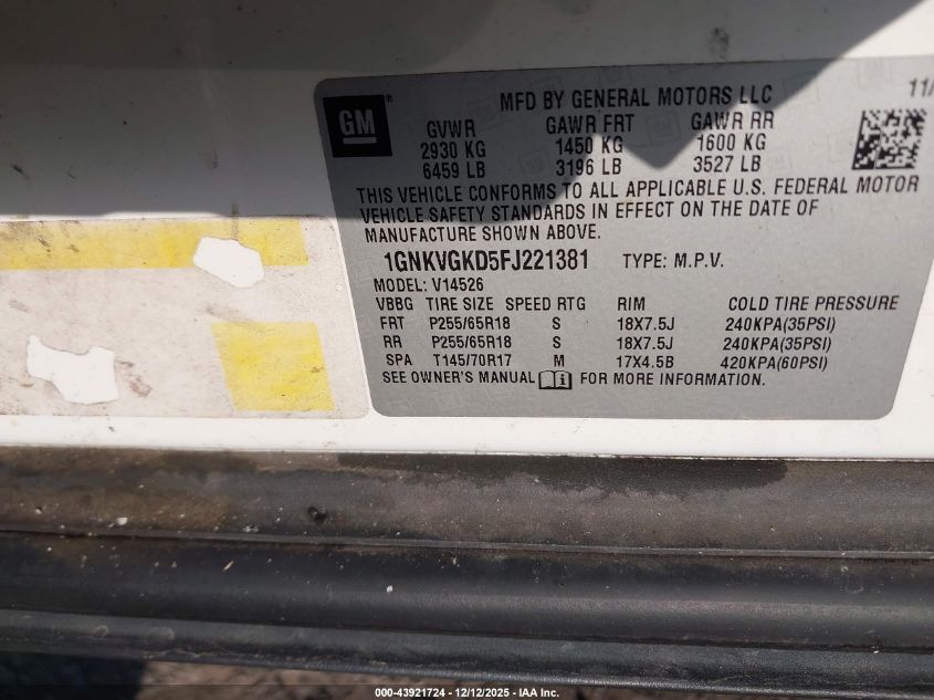 2015 Chevrolet Traverse 1Lt VIN: 1GNKVGKD5FJ221381 Lot: 43921724