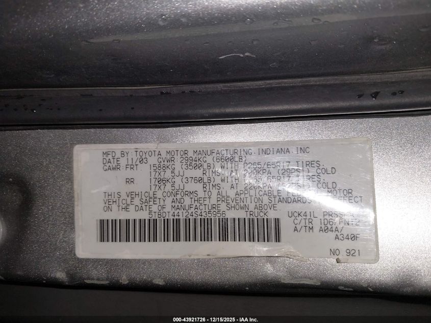 2004 Toyota Tundra Sr5 V8 VIN: 5TBDT44124S435956 Lot: 43921726