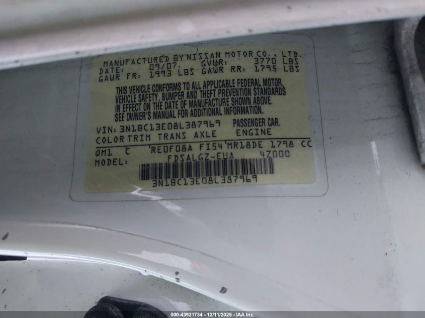 2008 Nissan Versa 1.8Sl VIN: 3N1BC13E08L387969 Lot: 43921734