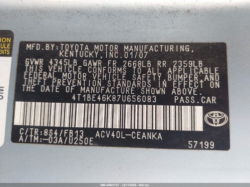 2007 Toyota Camry Le VIN: 4T1BE46K87U656083 Lot: 43921737