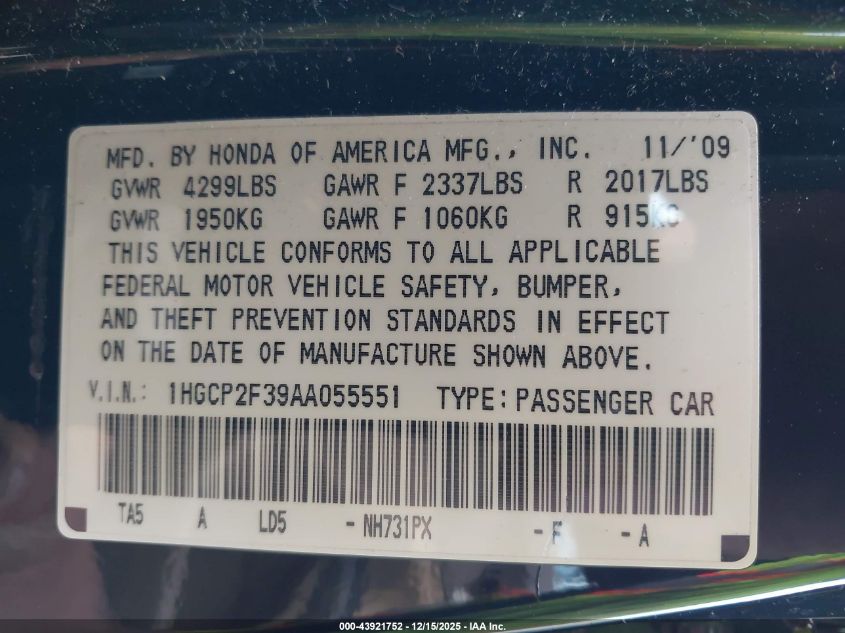 2010 Honda Accord 2.4 Lx VIN: 1HGCP2F39AA055551 Lot: 43921752