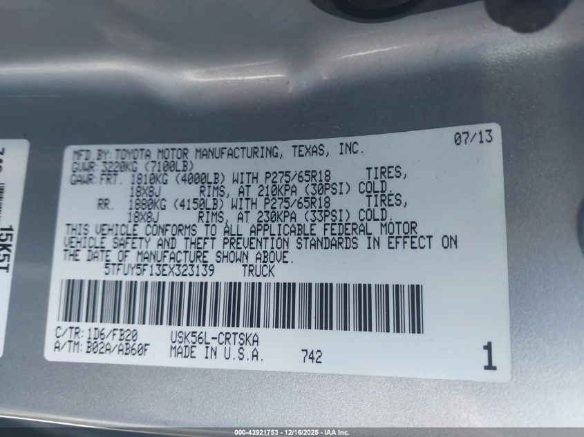 2014 Toyota Tundra Sr5 5.7L V8 VIN: 5TFUY5F13EX323139 Lot: 43921753