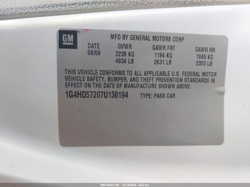 2007 Buick Lucerne Cxl VIN: 1G4HD57207U138194 Lot: 43921760