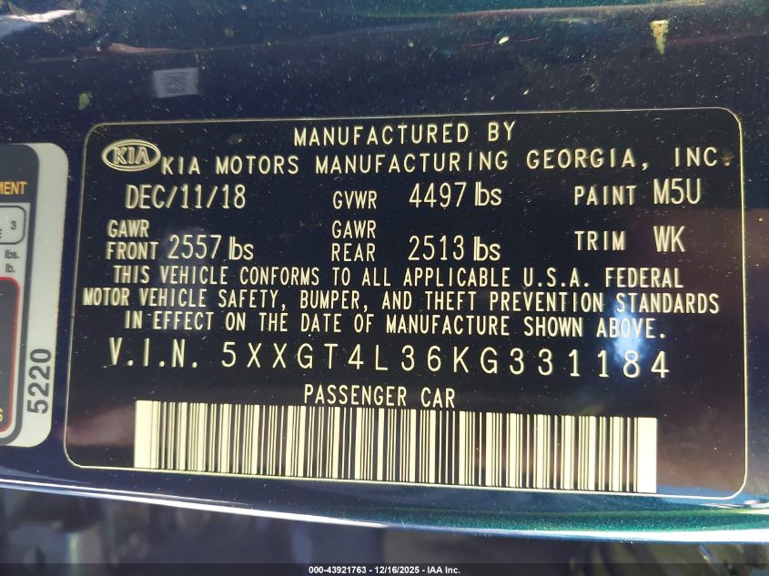 2019 Kia Optima Lx VIN: 5XXGT4L36KG331184 Lot: 43921763