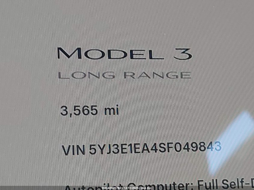 2025 Tesla Model 3 VIN: 5YJ3E1EA4SF049843 Lot: 43921762