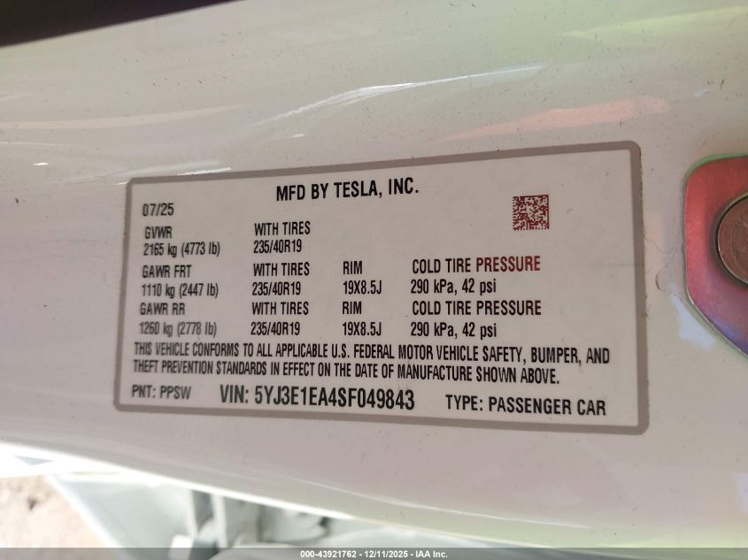 2025 Tesla Model 3 VIN: 5YJ3E1EA4SF049843 Lot: 43921762