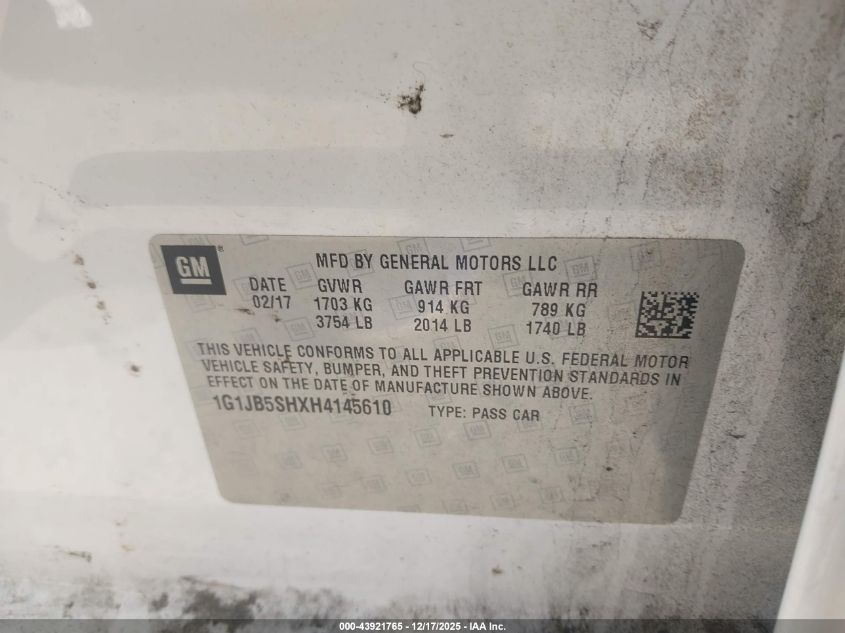 2017 Chevrolet Sonic Ls Auto VIN: 1G1JB5SHXH4145610 Lot: 43921765