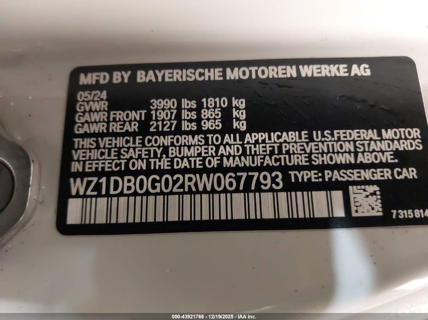 2024 Toyota Gr Supra 3.0 Premium VIN: WZ1DB0G02RW067793 Lot: 43921766