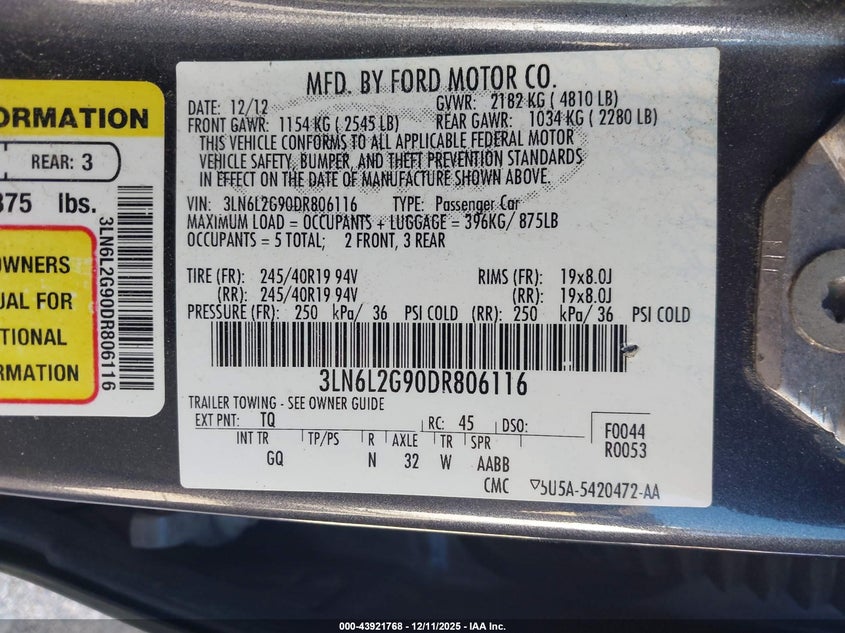 3LN6L2G90DR806116 2013 LINCOLN MKZ photo no. 9