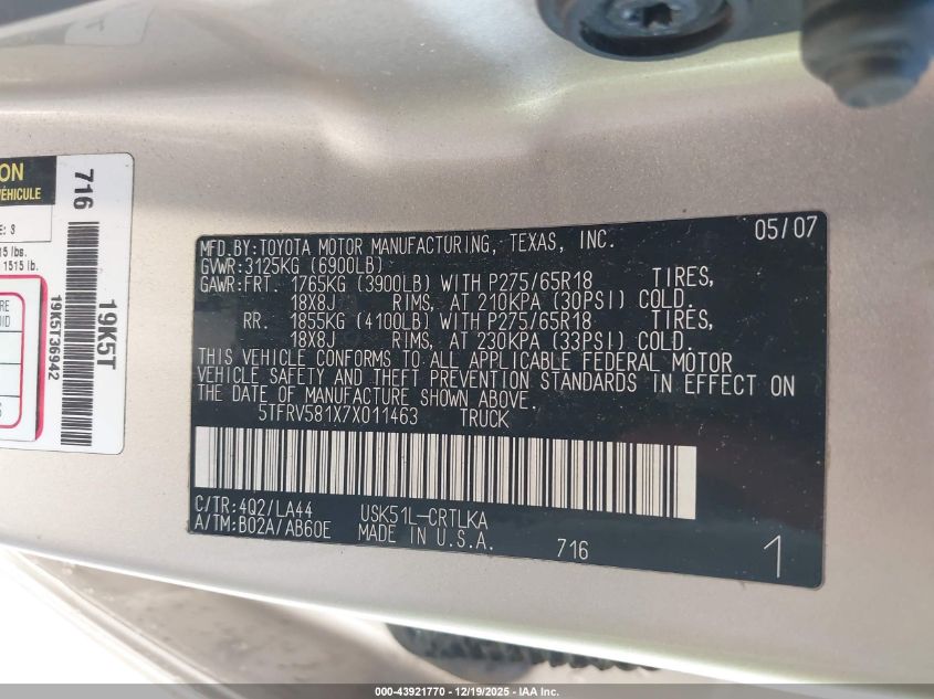 2007 Toyota Tundra Limited 5.7L V8 VIN: 5TFRV581X7X011463 Lot: 43921770
