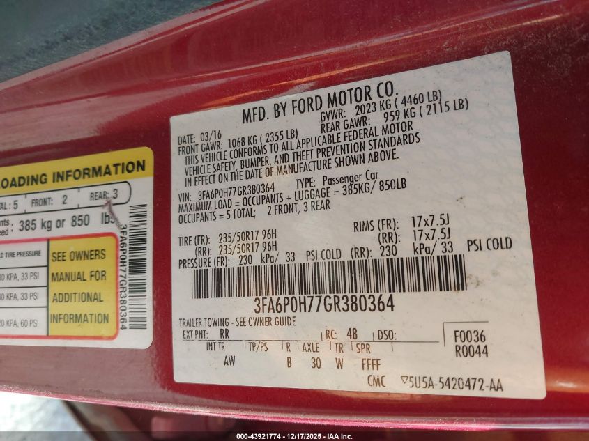 2016 Ford Fusion Se VIN: 3FA6P0H77GR380364 Lot: 43921774