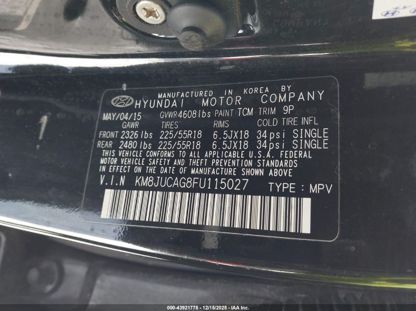 2015 Hyundai Tucson Limited VIN: KM8JUCAG8FU115027 Lot: 43921778