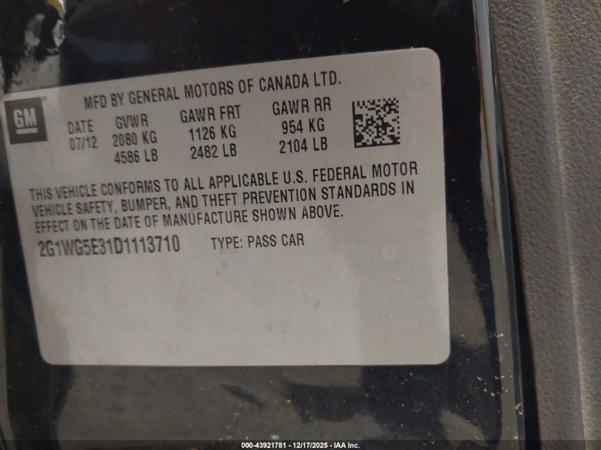 2013 Chevrolet Impala Lt VIN: 2G1WG5E31D1113710 Lot: 43921781