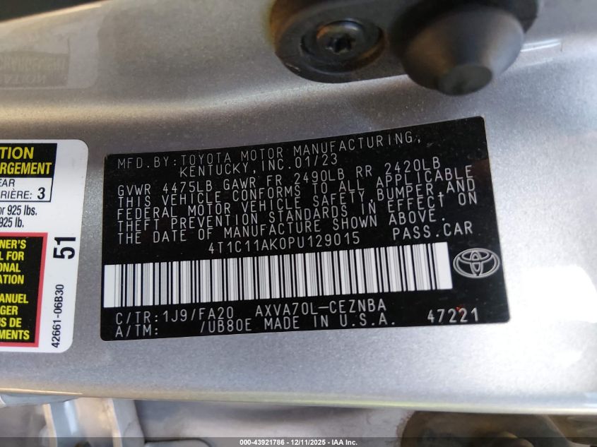 2023 Toyota Camry Le VIN: 4T1C11AK0PU129015 Lot: 43921786