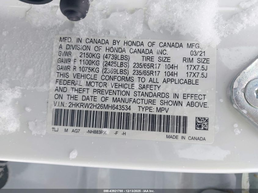 2021 Honda Cr-V Awd Lx VIN: 2HKRW2H26MH643534 Lot: 43921788