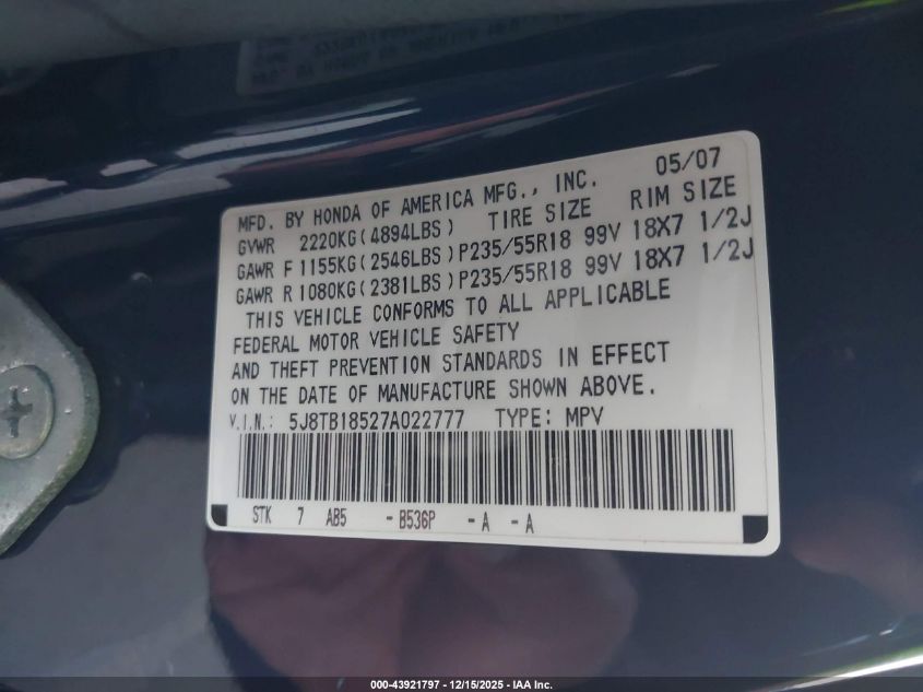 2007 Acura Rdx VIN: 5J8TB18527A022777 Lot: 43921797