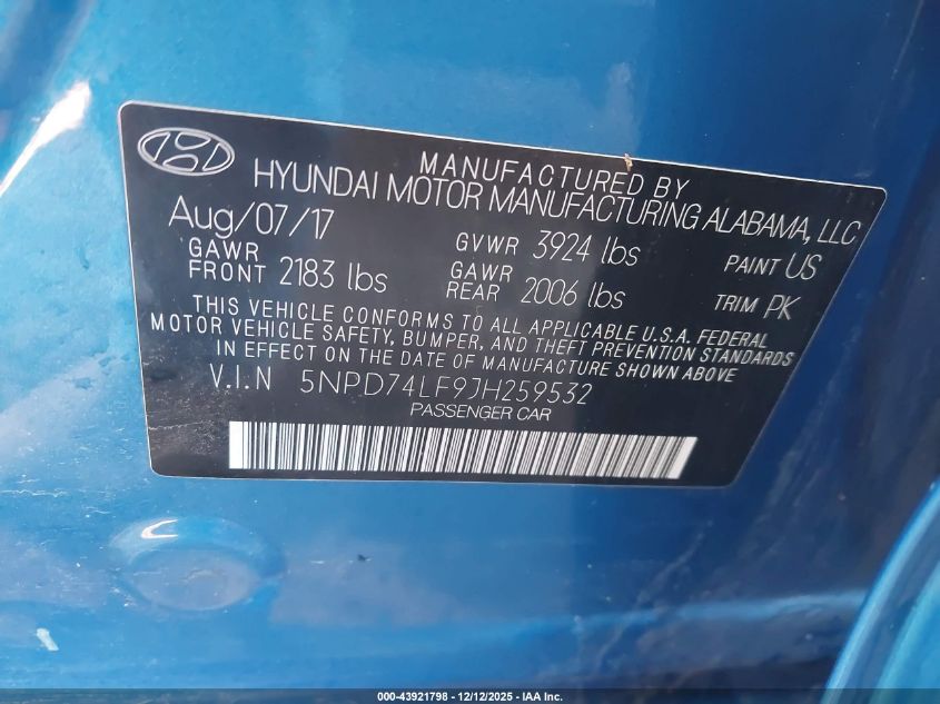 2018 Hyundai Elantra Se VIN: 5NPD74LF9JH259532 Lot: 43921798