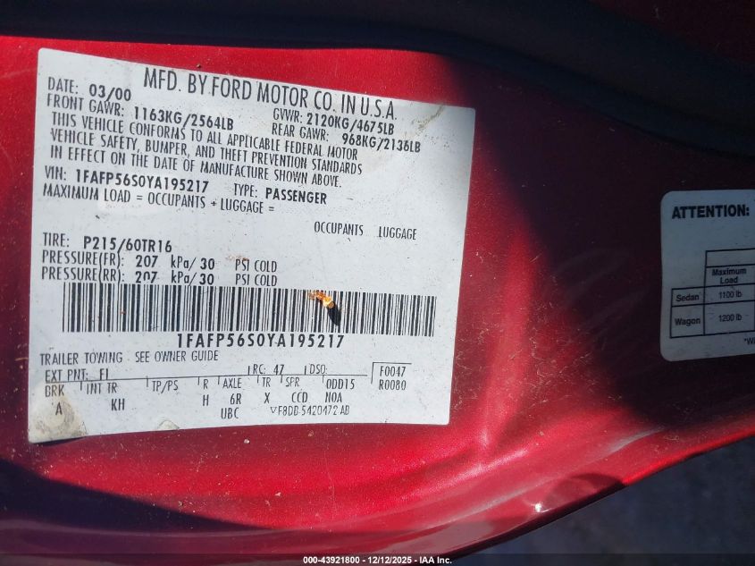 2000 Ford Taurus Sel VIN: 1FAFP56S0YA195217 Lot: 43921800