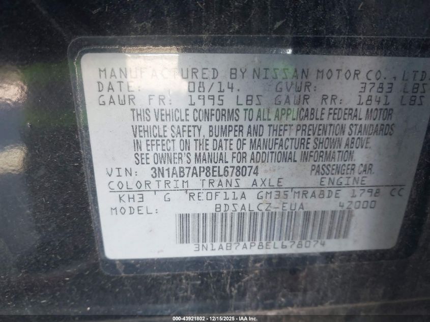 2014 Nissan Sentra S VIN: 3N1AB7AP8EL678074 Lot: 43921802