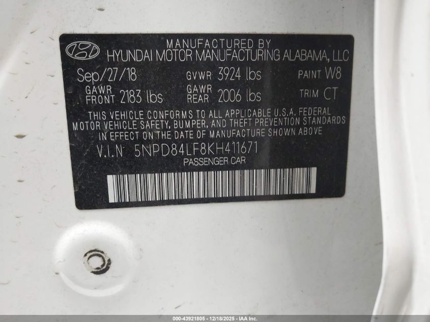 2019 Hyundai Elantra Sel VIN: 5NPD84LF8KH411671 Lot: 43921805