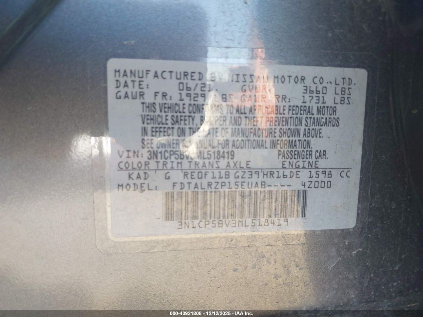 2021 Nissan Kicks S Xtronic Cvt VIN: 3N1CP5BV3ML518419 Lot: 43921808