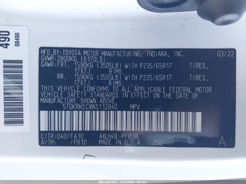 2022 Toyota Sienna Le VIN: 5TDKRKEC8NS112840 Lot: 43921813