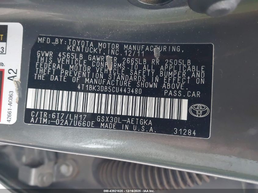 2012 Toyota Avalon VIN: 4T1BK3DB5CU443480 Lot: 43921820