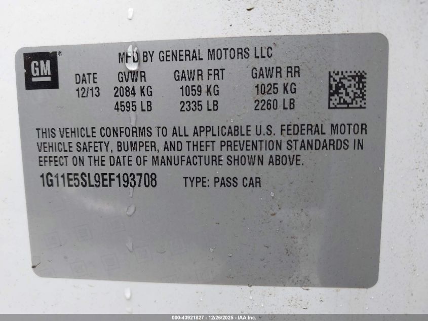 2014 Chevrolet Malibu 2Lt VIN: 1G11E5SL9EF193708 Lot: 43921827