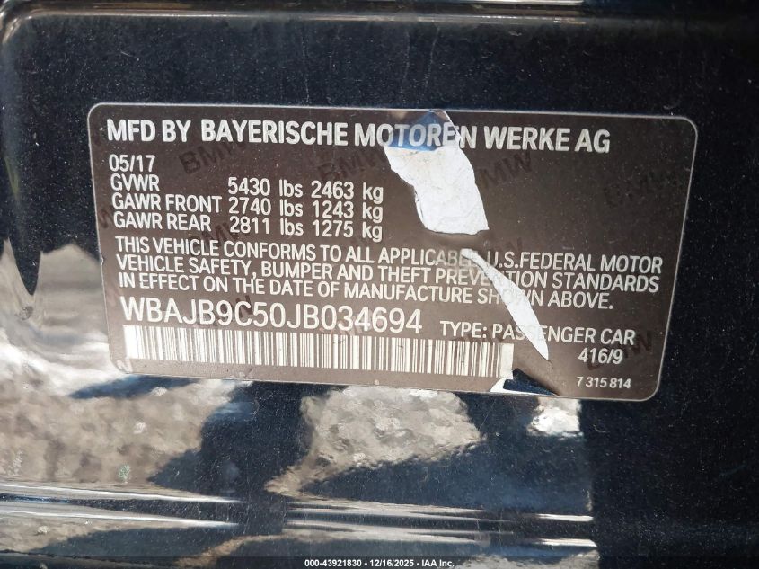 2018 BMW M550I xDrive VIN: WBAJB9C50JB034694 Lot: 43921830