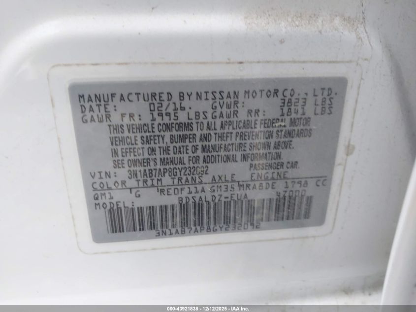 2016 Nissan Sentra Fe+ S/S/Sl/Sr/Sv VIN: 3N1AB7AP8GY232092 Lot: 43921838