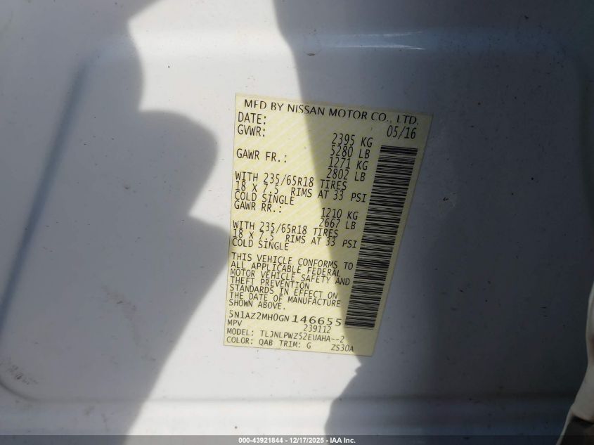 2016 Nissan Murano S VIN: 5N1AZ2MH0GN146655 Lot: 43921844