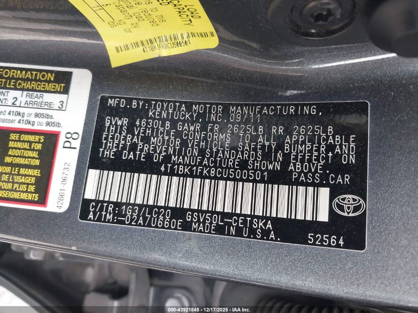 2012 Toyota Camry Se V6 VIN: 4T1BK1FK8CU500501 Lot: 43921845