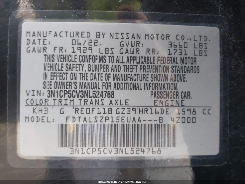 2022 Nissan Kicks Sv Xtronic Cvt VIN: 3N1CP5CV3NL524768 Lot: 43921846