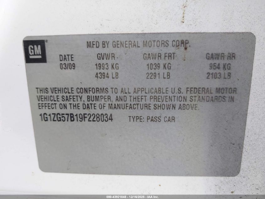 2009 Chevrolet Malibu Ls VIN: 1G1ZG57B19F228034 Lot: 43921848