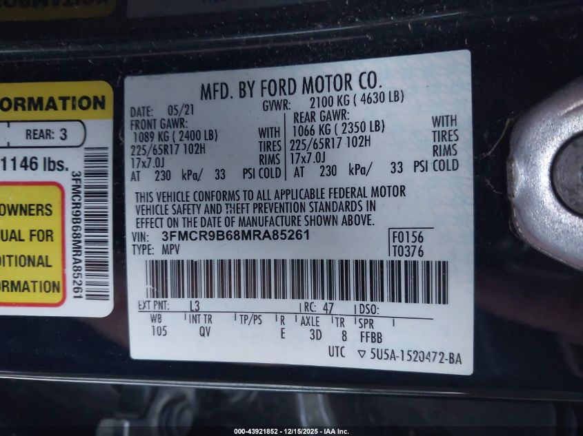 2021 Ford Bronco Sport Big Bend VIN: 3FMCR9B68MRA85261 Lot: 43921852