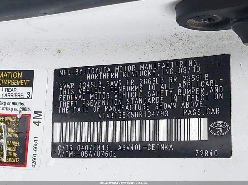 2011 Toyota Camry Le VIN: 4T4BF3EK5BR134793 Lot: 43921854